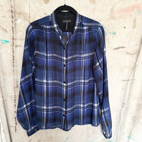 Rag & Bone Byron Chiffon Sheer Silk Blend Plaid Button Down Shirt - Picture 1 of 4